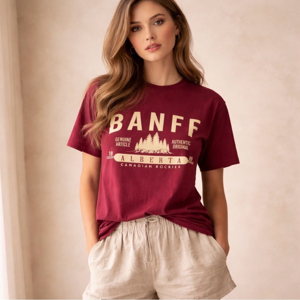 Banff Alberta Graphic T-Shirt Canadian Rockies Burgundy Tee